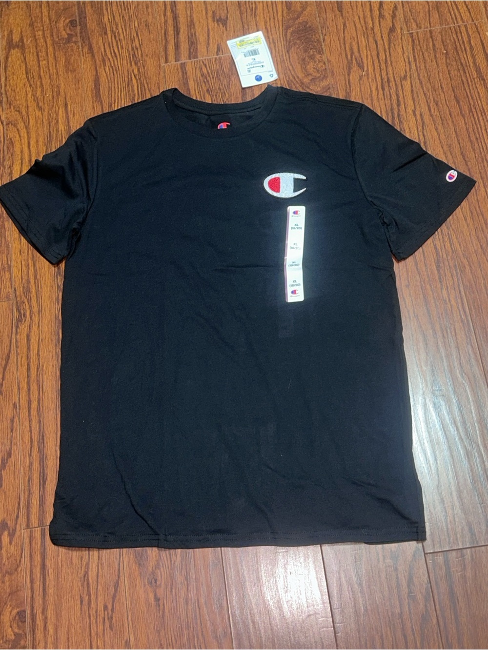 Champion Black Short Sleeve Tee with Red & White Chest Logo